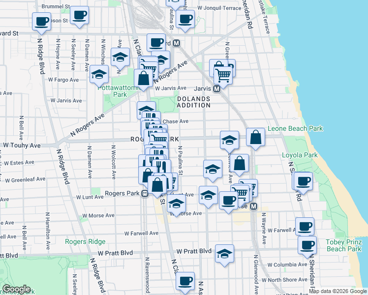 map of restaurants, bars, coffee shops, grocery stores, and more near 7115 North Paulina Street in Chicago
