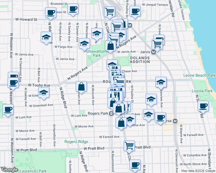 map of restaurants, bars, coffee shops, grocery stores, and more near 1819 West Touhy Avenue in Chicago