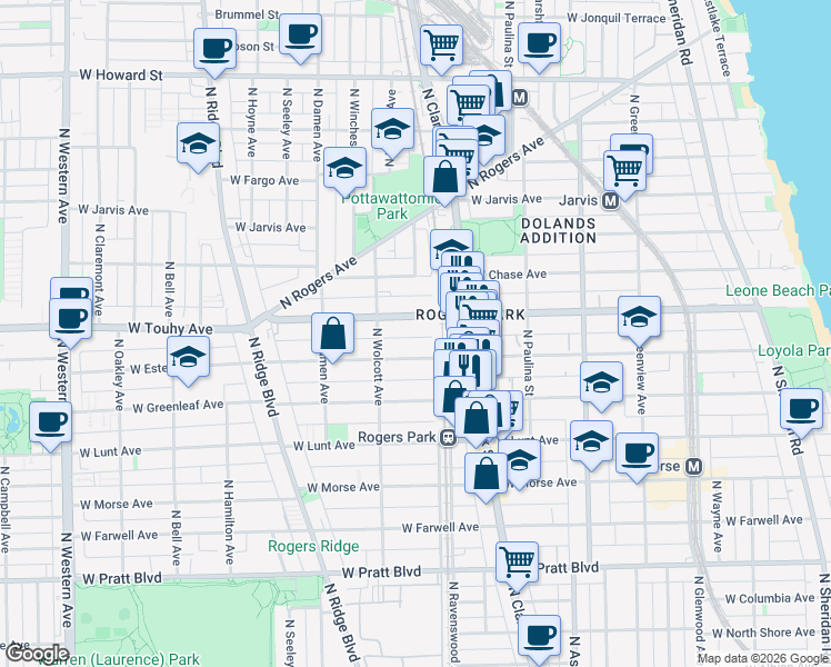 map of restaurants, bars, coffee shops, grocery stores, and more near 1819 West Touhy Avenue in Chicago