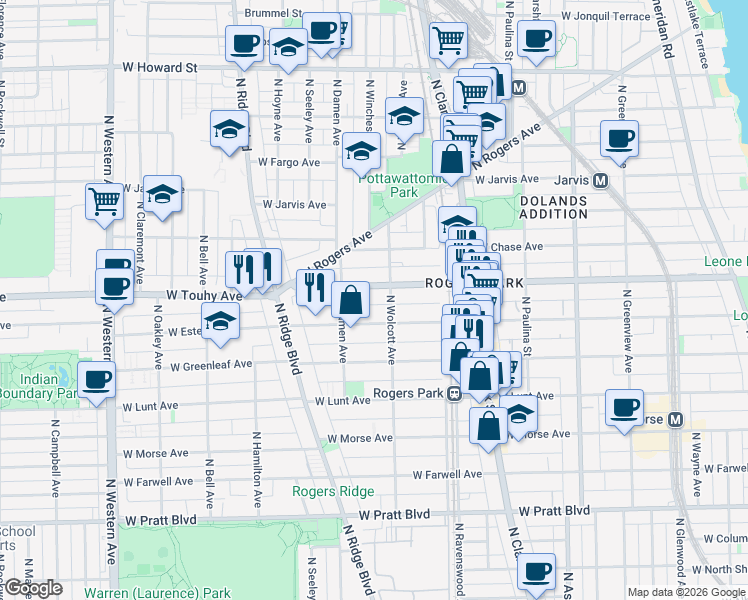 map of restaurants, bars, coffee shops, grocery stores, and more near 1934 West Estes Avenue in Chicago