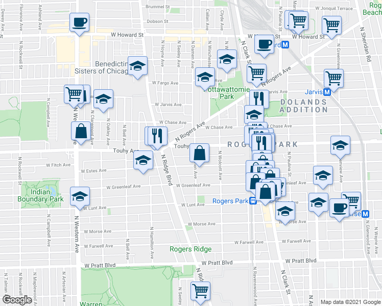 map of restaurants, bars, coffee shops, grocery stores, and more near 2018 West Estes Avenue in Chicago