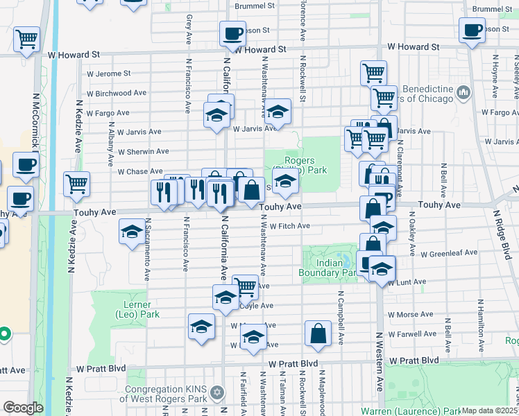 map of restaurants, bars, coffee shops, grocery stores, and more near 2640 West Touhy Avenue in Chicago