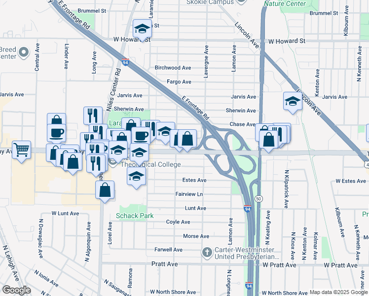 map of restaurants, bars, coffee shops, grocery stores, and more near 5050 West Touhy Avenue in Skokie
