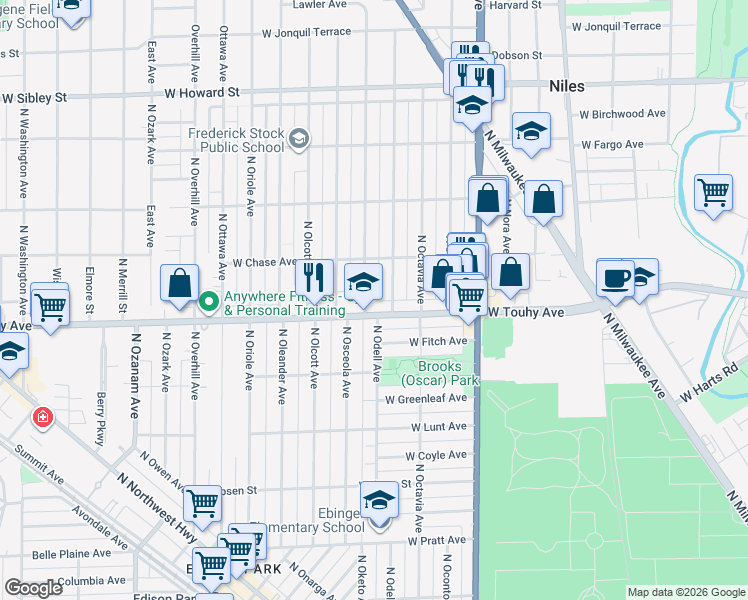 map of restaurants, bars, coffee shops, grocery stores, and more near 7210 North Oketo Avenue in Chicago