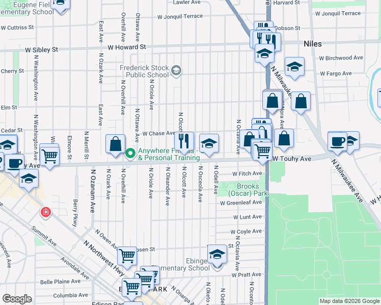 map of restaurants, bars, coffee shops, grocery stores, and more near 7214 North Osceola Avenue in Chicago