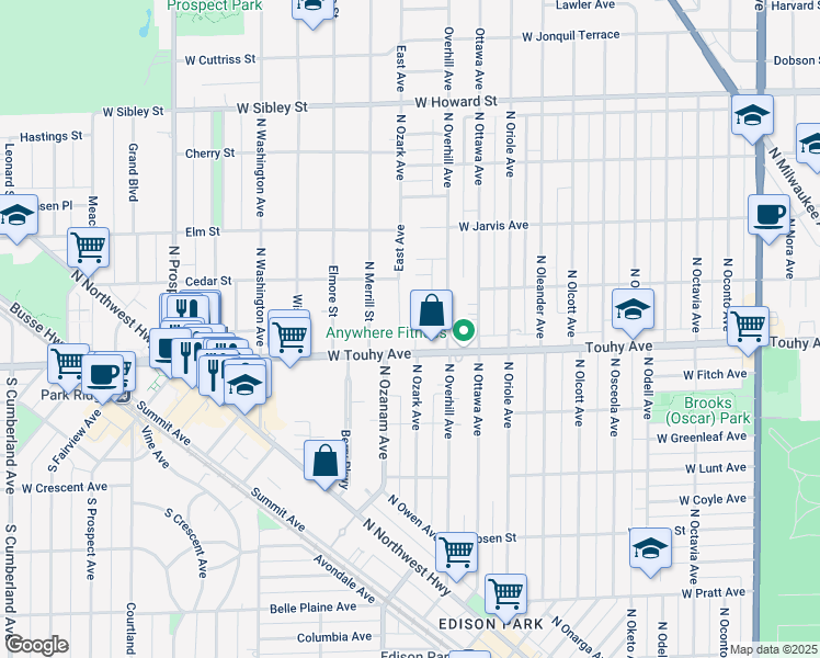 map of restaurants, bars, coffee shops, grocery stores, and more near 19 East Avenue in Park Ridge