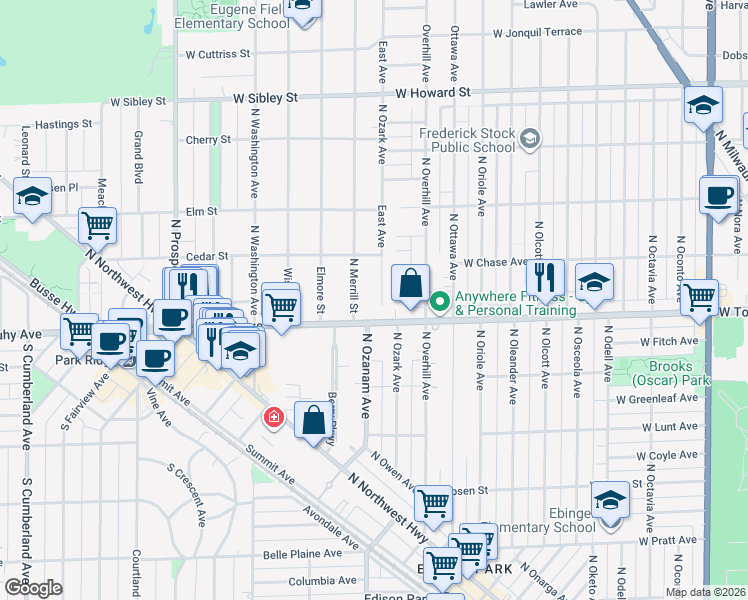 map of restaurants, bars, coffee shops, grocery stores, and more near 19 East Avenue in Park Ridge