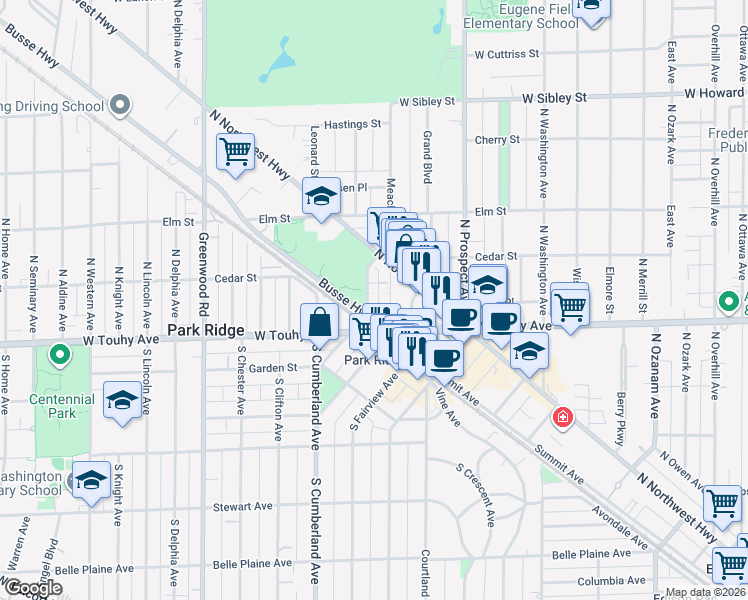map of restaurants, bars, coffee shops, grocery stores, and more near 25 Busse Highway in Park Ridge