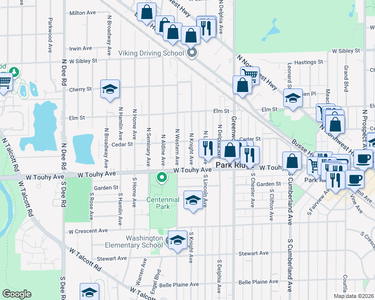 map of restaurants, bars, coffee shops, grocery stores, and more near 106 North Knight Avenue in Park Ridge