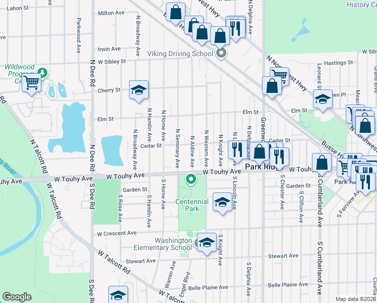 map of restaurants, bars, coffee shops, grocery stores, and more near 111 North Seminary Avenue in Park Ridge