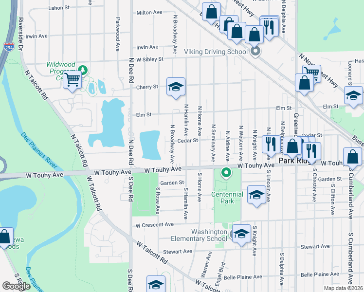 map of restaurants, bars, coffee shops, grocery stores, and more near 112 North Hamlin Avenue in Park Ridge