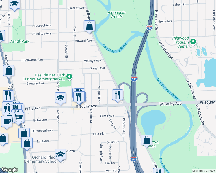 map of restaurants, bars, coffee shops, grocery stores, and more near 2140 Chase Avenue in Des Plaines