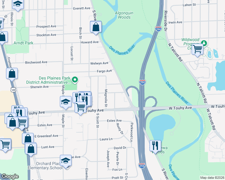 map of restaurants, bars, coffee shops, grocery stores, and more near 2074 Chase Avenue in Des Plaines