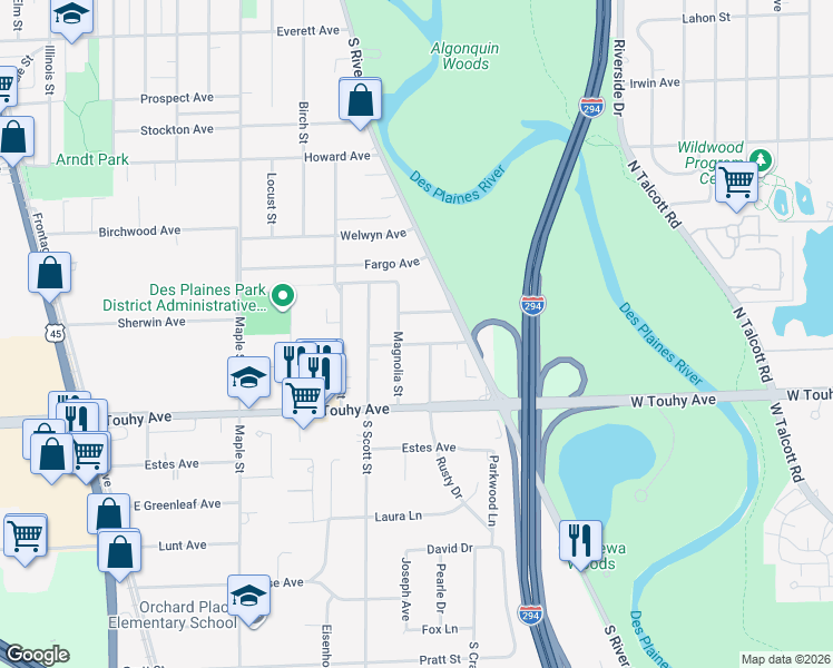 map of restaurants, bars, coffee shops, grocery stores, and more near 2074 Chase Avenue in Des Plaines