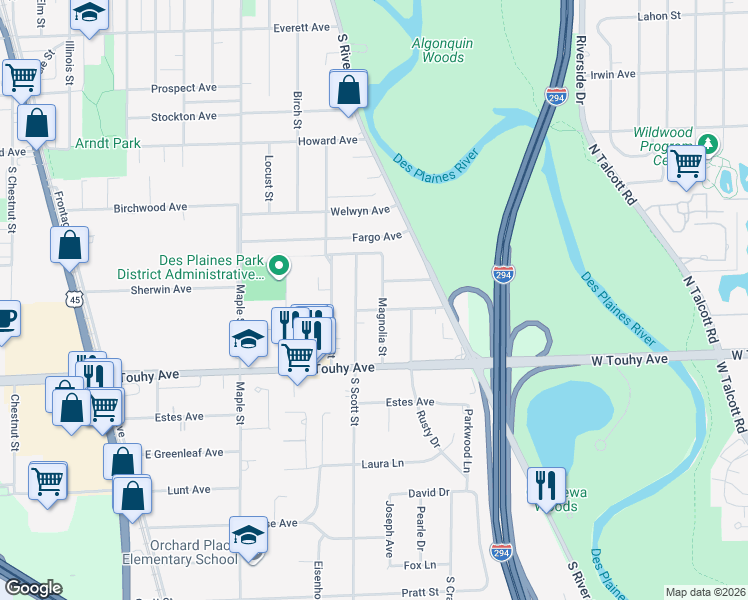 map of restaurants, bars, coffee shops, grocery stores, and more near 2289 South Scott Street in Des Plaines