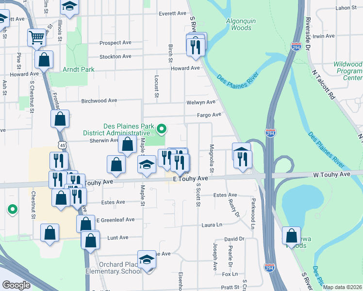 map of restaurants, bars, coffee shops, grocery stores, and more near 2290 Cedar Street in Des Plaines