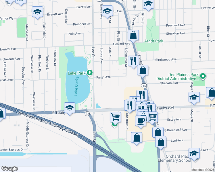map of restaurants, bars, coffee shops, grocery stores, and more near 2251 Spruce Avenue in Des Plaines