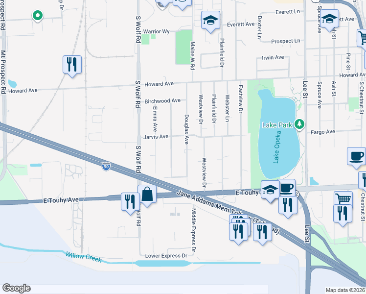 map of restaurants, bars, coffee shops, grocery stores, and more near 2231 Douglas Avenue in Des Plaines