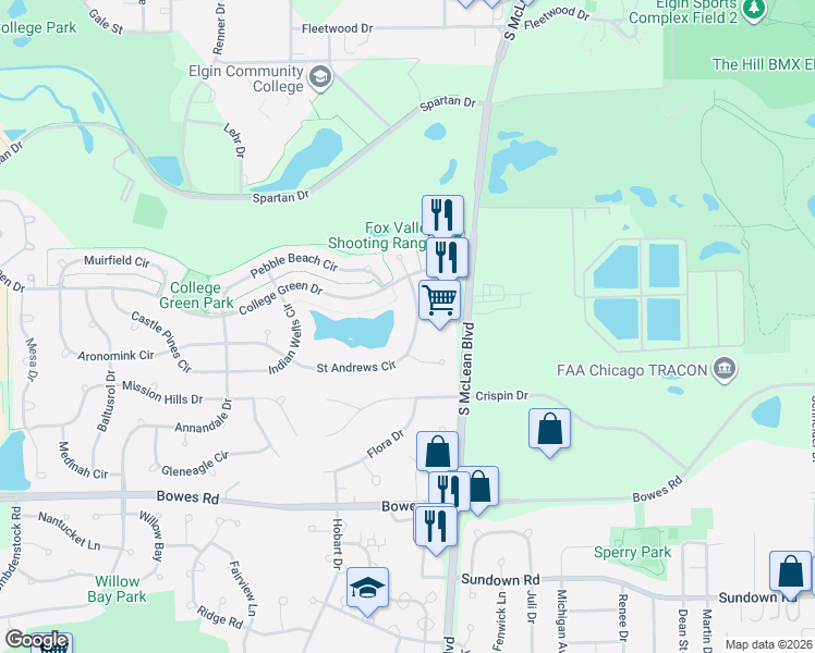 map of restaurants, bars, coffee shops, grocery stores, and more near 1556 Saint Andrews Circle in Elgin