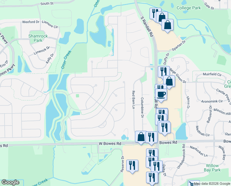 map of restaurants, bars, coffee shops, grocery stores, and more near 2451 Rolling Ridge in Elgin