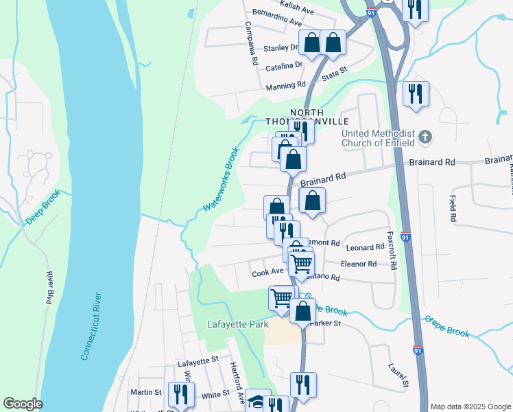 map of restaurants, bars, coffee shops, grocery stores, and more near 22 Woodlawn Avenue in Enfield