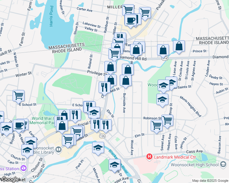 map of restaurants, bars, coffee shops, grocery stores, and more near 49 Mill Street in Woonsocket