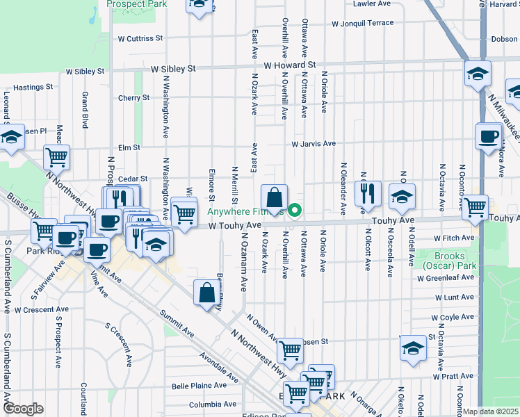 map of restaurants, bars, coffee shops, grocery stores, and more near 19 East Avenue in Park Ridge