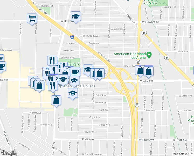 map of restaurants, bars, coffee shops, grocery stores, and more near 5050 West Touhy Avenue in Skokie