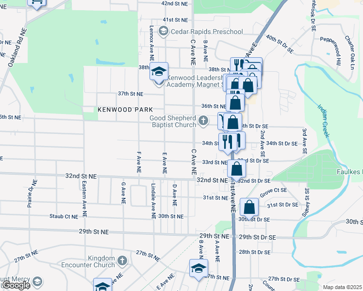 map of restaurants, bars, coffee shops, grocery stores, and more near 425 34th Street Northeast in Cedar Rapids
