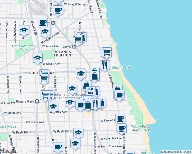 map of restaurants, bars, coffee shops, grocery stores, and more near 7107 North Glenwood Avenue in Chicago