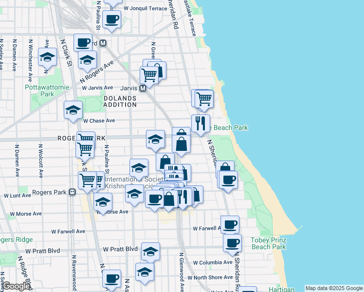 map of restaurants, bars, coffee shops, grocery stores, and more near 7107 North Glenwood Avenue in Chicago