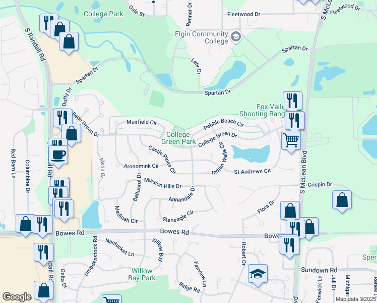 map of restaurants, bars, coffee shops, grocery stores, and more near 1855 College Green Drive in Elgin