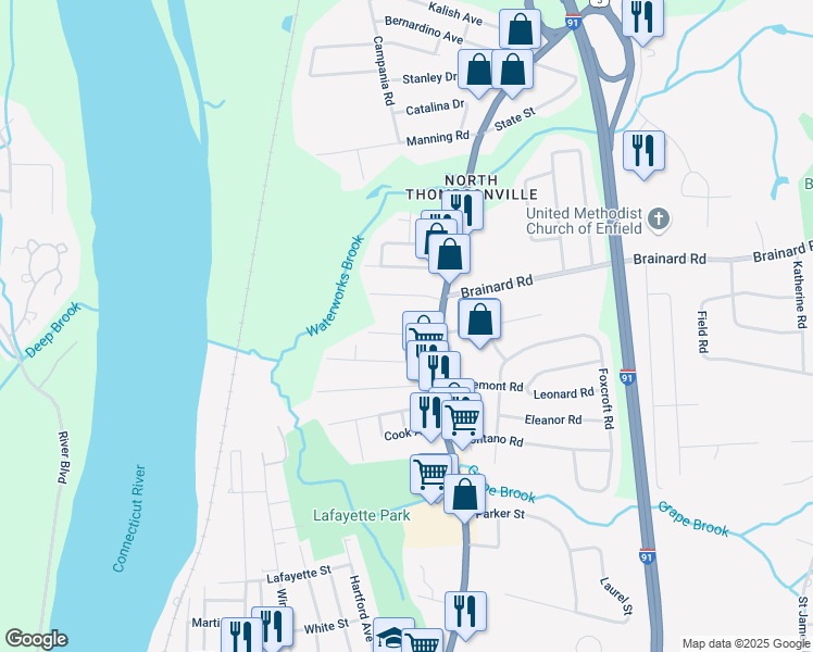 map of restaurants, bars, coffee shops, grocery stores, and more near 22 Woodlawn Avenue in Enfield
