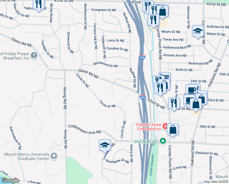 map of restaurants, bars, coffee shops, grocery stores, and more near 3224 Timber Valley Court Northeast in Cedar Rapids