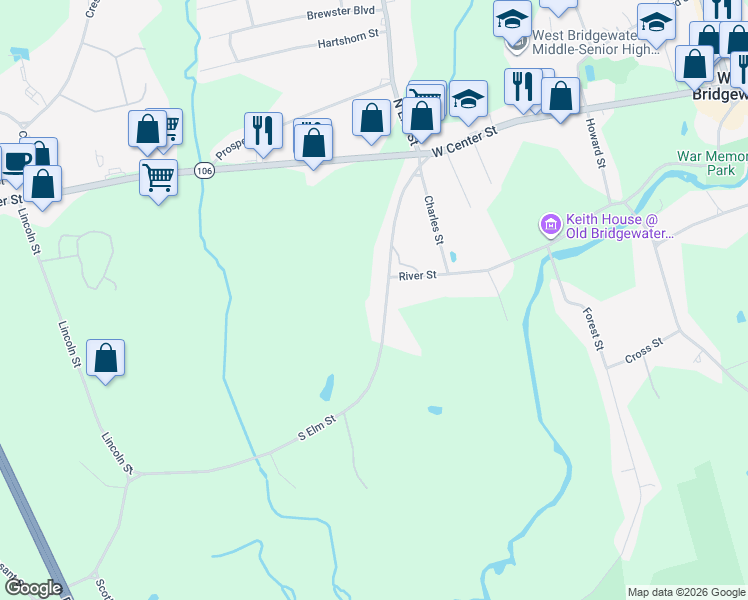 map of restaurants, bars, coffee shops, grocery stores, and more near 109 South Elm Street in West Bridgewater