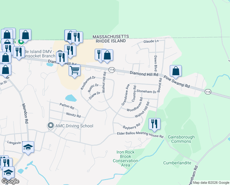 map of restaurants, bars, coffee shops, grocery stores, and more near 670 Knollwood Drive in Woonsocket