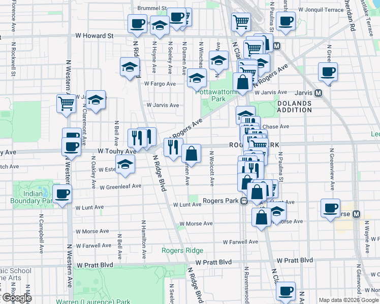 map of restaurants, bars, coffee shops, grocery stores, and more near 1934 West Estes Avenue in Chicago