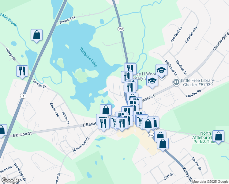 map of restaurants, bars, coffee shops, grocery stores, and more near 18 Taunton Street in Plainville