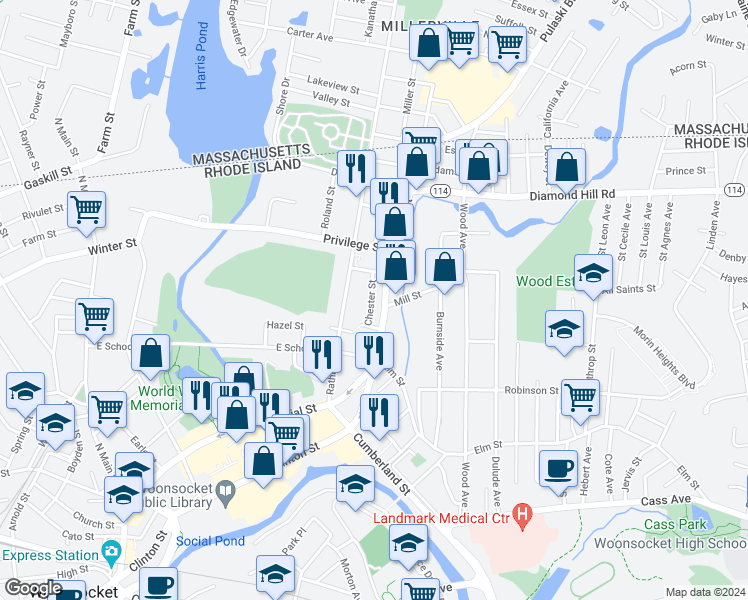 map of restaurants, bars, coffee shops, grocery stores, and more near 76 Chester Street in Woonsocket