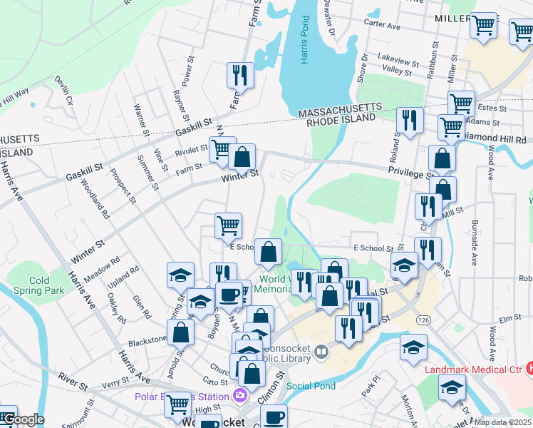 map of restaurants, bars, coffee shops, grocery stores, and more near 18 Laundry Street in Woonsocket