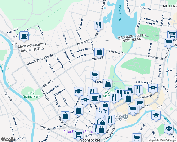 map of restaurants, bars, coffee shops, grocery stores, and more near 70 Phebe Street in Woonsocket