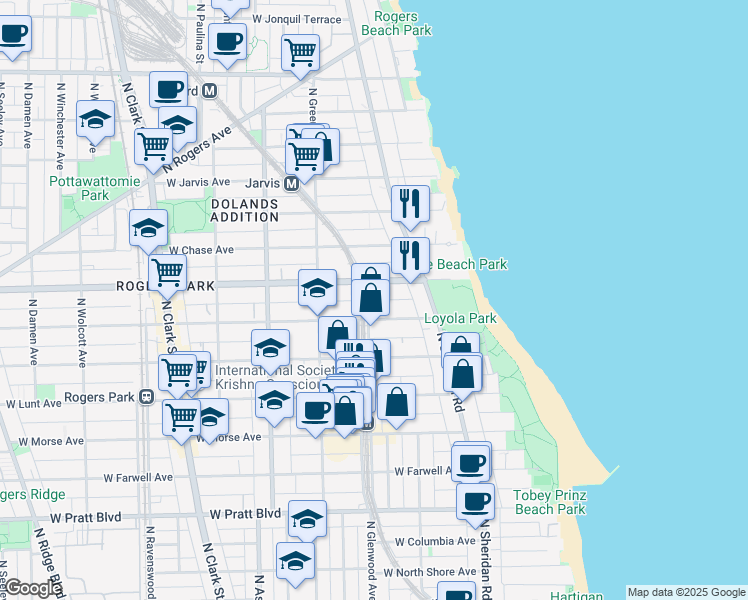 map of restaurants, bars, coffee shops, grocery stores, and more near 7107 North Glenwood Avenue in Chicago