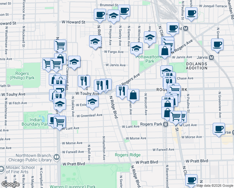 map of restaurants, bars, coffee shops, grocery stores, and more near 7115 North Ridge Boulevard in Chicago