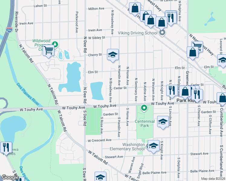 map of restaurants, bars, coffee shops, grocery stores, and more near 112 North Broadway Avenue in Park Ridge