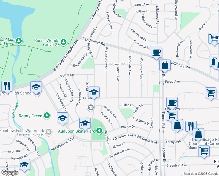 map of restaurants, bars, coffee shops, grocery stores, and more near 607 Forest View Avenue in Elk Grove Village