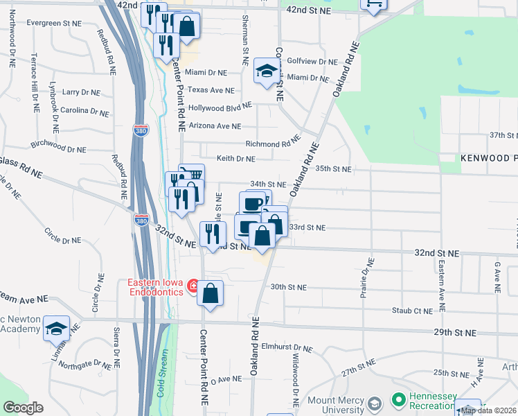 map of restaurants, bars, coffee shops, grocery stores, and more near 1524 Center St NE in Cedar Rapids