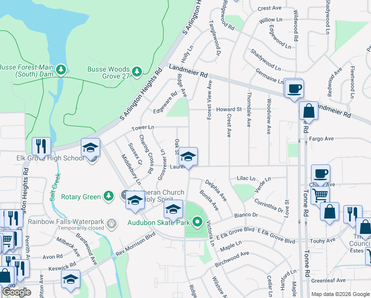 map of restaurants, bars, coffee shops, grocery stores, and more near 557 Oak Street in Elk Grove Village