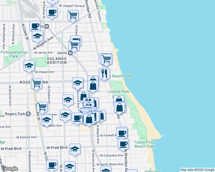 map of restaurants, bars, coffee shops, grocery stores, and more near 7120 North Sheridan Road in Chicago
