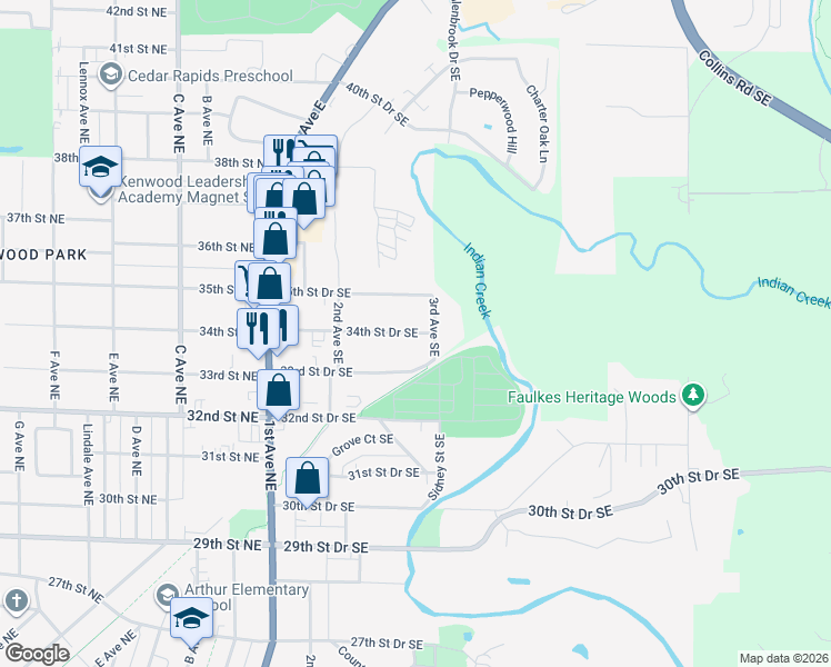 map of restaurants, bars, coffee shops, grocery stores, and more near 271 34th Street Drive Southeast in Cedar Rapids
