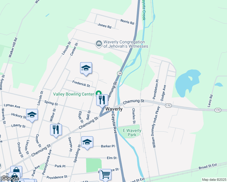 map of restaurants, bars, coffee shops, grocery stores, and more near 36 North Chemung Street in Waverly